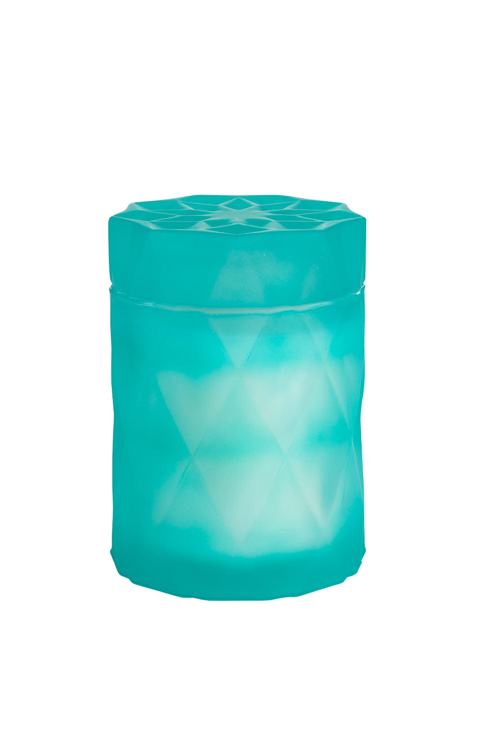 coconut wax candle in a light teal color glass jar with lid