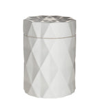 candle in a matte white glass jar with lid and diamond glass etching design