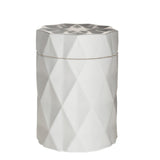 candle in a matte white glass jar with lid and diamond glass etching design
