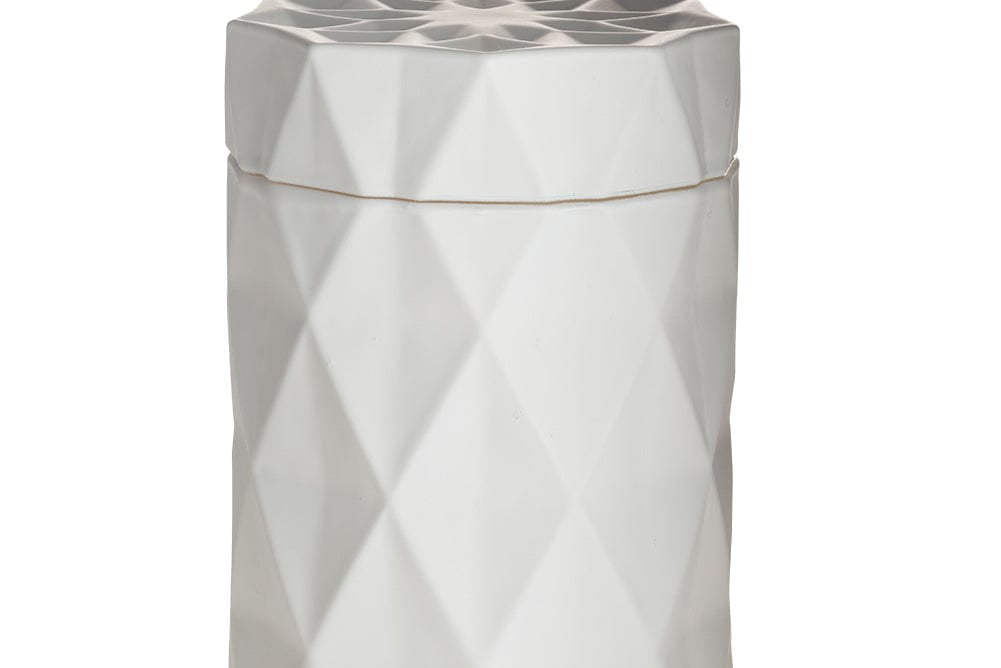 candle in a matte white glass jar with lid and diamond glass etching design